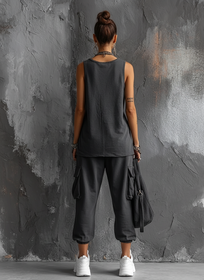 Conjunto de Top sin Mangas de Mezcla de Algodón Gris Oscuro Estilo Casual + Pantalones Cargo Jogger