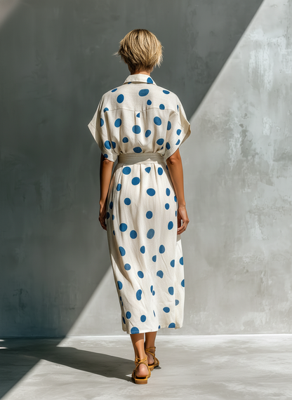 Vestido camisa de mezcla de lino con lunares