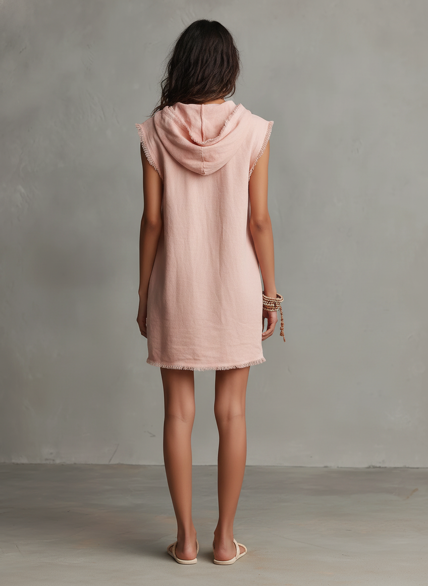 Vestido corto con capucha de mezcla de lino