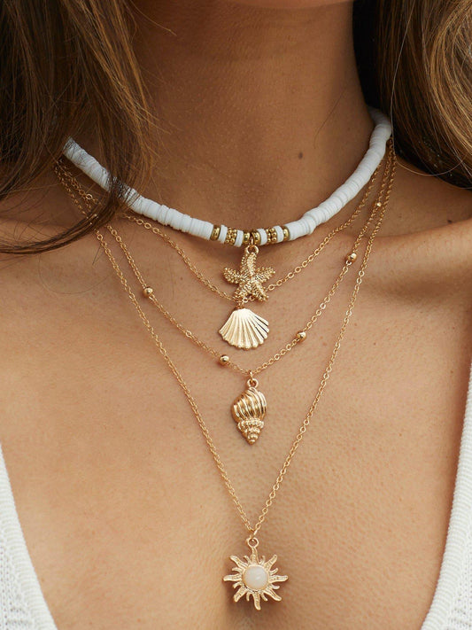 Collar de múltiples capas Estrella de mar con concha del Pacífico Sur Oro