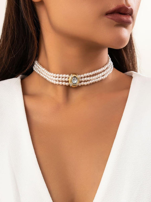Collar corto de cuentas de perlas falsas y turquesa