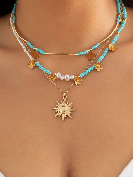 3 piezas collar con cuentas y perla artificial floral y sol