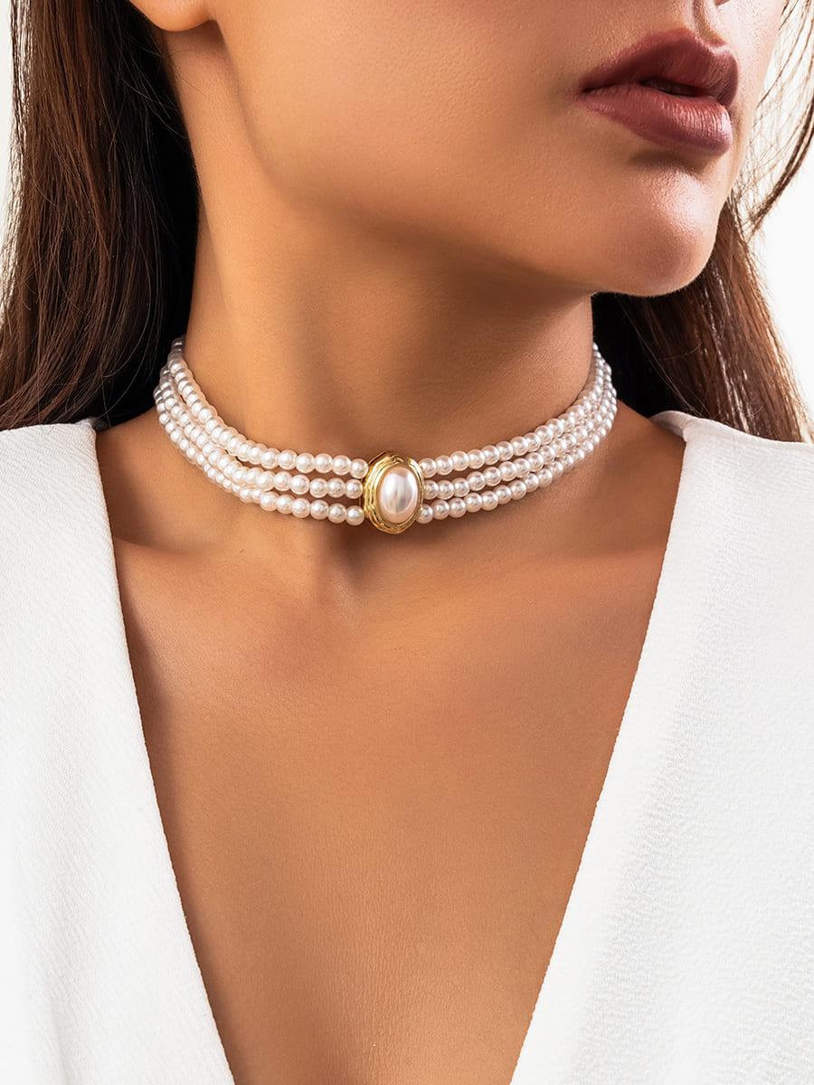 Collar corto de cuentas de perlas falsas y turquesa