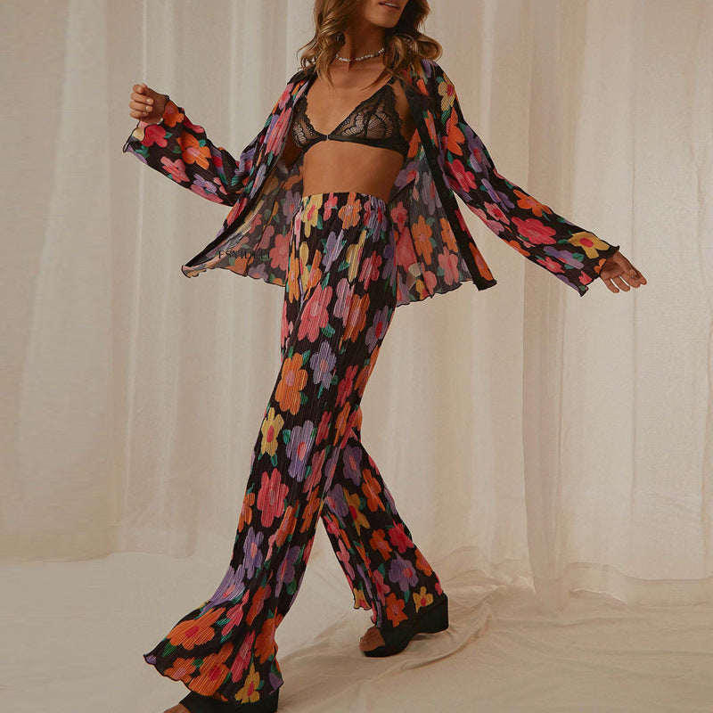 Conjunto de pantalón y camisa de manga larga con solapa estampada plisada