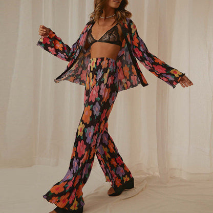 Conjunto de pantalón y camisa de manga larga con solapa estampada plisada