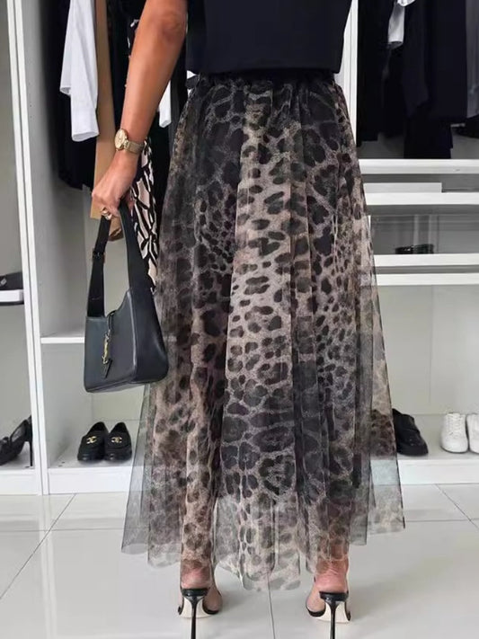 Falda larga de gasa con estampado de leopardo