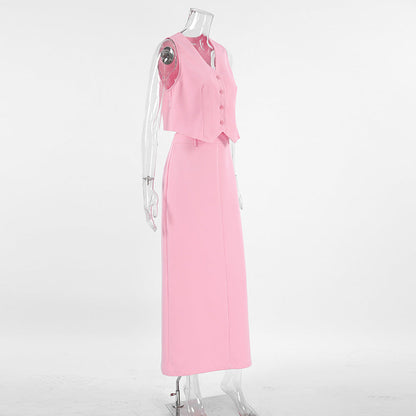 Conjunto de traje rosa con chaleco y falda