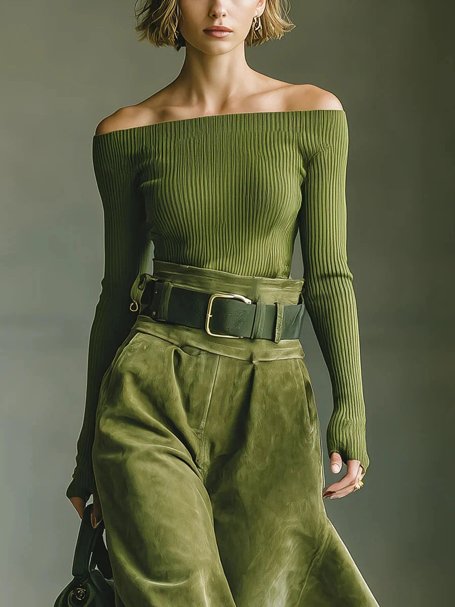 Conjunto de blusa verde oliva con hombros descubiertos y falda de ante sintético