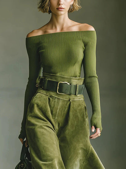 Conjunto de blusa verde oliva con hombros descubiertos y falda de ante sintético