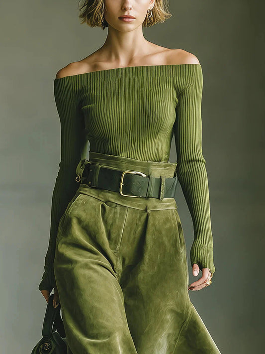 Conjunto de blusa verde oliva con hombros descubiertos y falda de ante sintético
