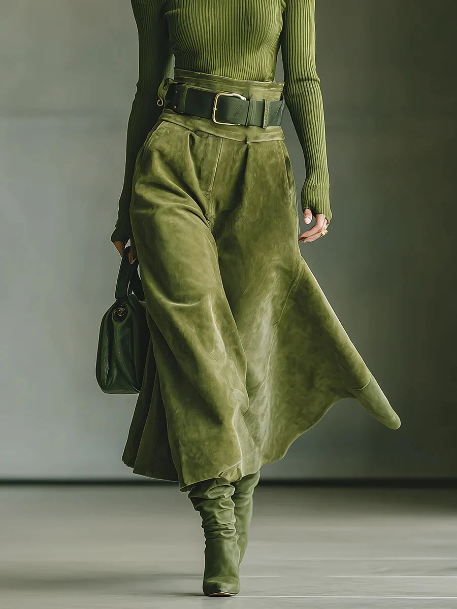 Conjunto de blusa verde oliva con hombros descubiertos y falda de ante sintético