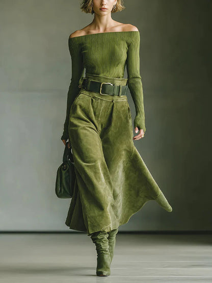 Conjunto de blusa verde oliva con hombros descubiertos y falda de ante sintético