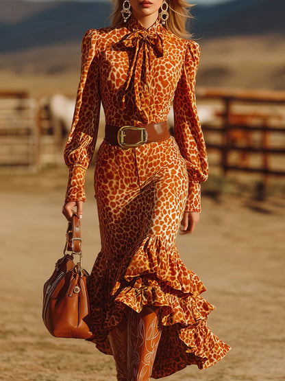 Vestido maxi de terciopelo con volantes retro naranja y estampado de leopardo