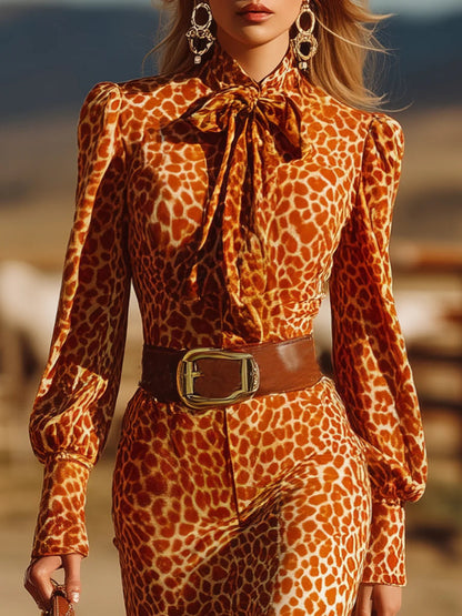 Vestido maxi de terciopelo con volantes retro naranja y estampado de leopardo