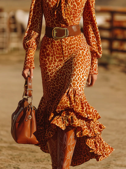 Vestido maxi de terciopelo con volantes retro naranja y estampado de leopardo