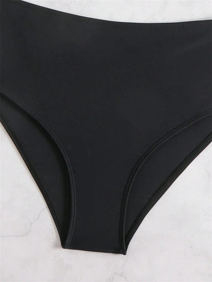 Bikini Negro Push-Up de Cintura Alta para Mujer | Con Aro, Copas Acolchadas y Diseño Fruncido