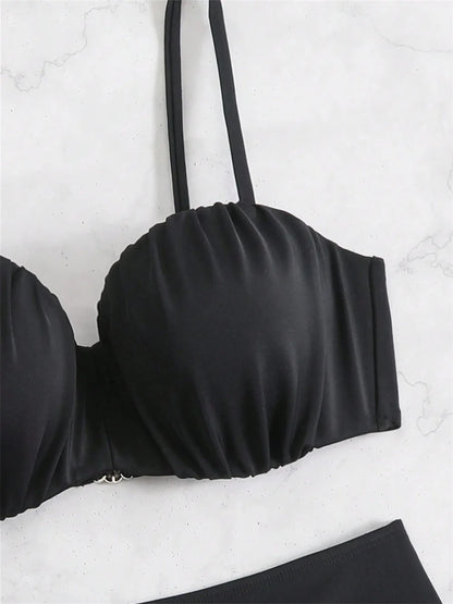 Bikini Negro Push-Up de Cintura Alta para Mujer | Con Aro, Copas Acolchadas y Diseño Fruncido