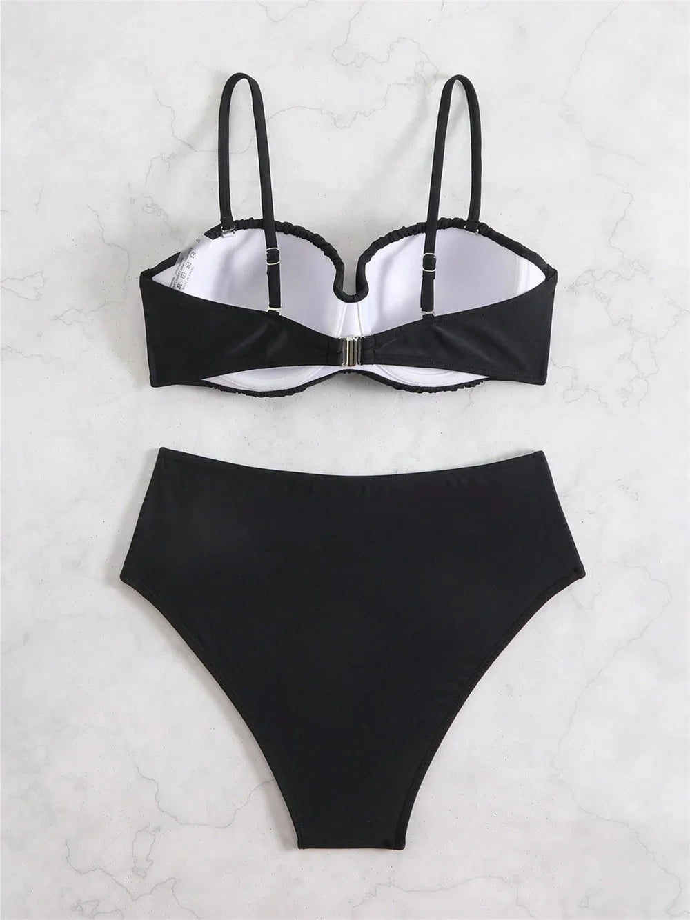 Bikini Negro Push-Up de Cintura Alta para Mujer | Con Aro, Copas Acolchadas y Diseño Fruncido