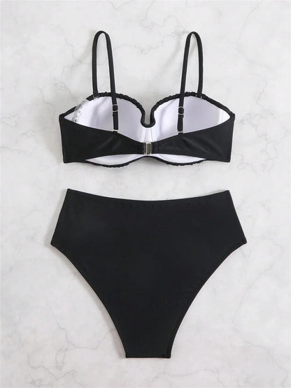 Bikini Negro Push-Up de Cintura Alta para Mujer | Con Aro, Copas Acolchadas y Diseño Fruncido
