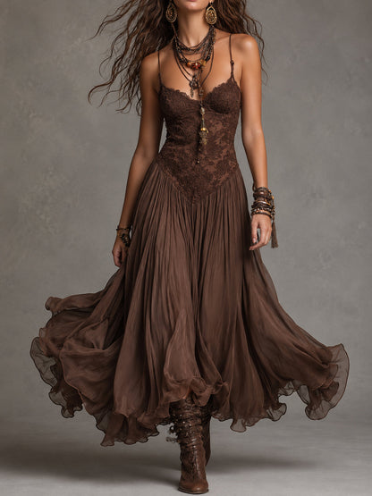 Vestido maxi de gasa marrón oscuro con paneles de encaje