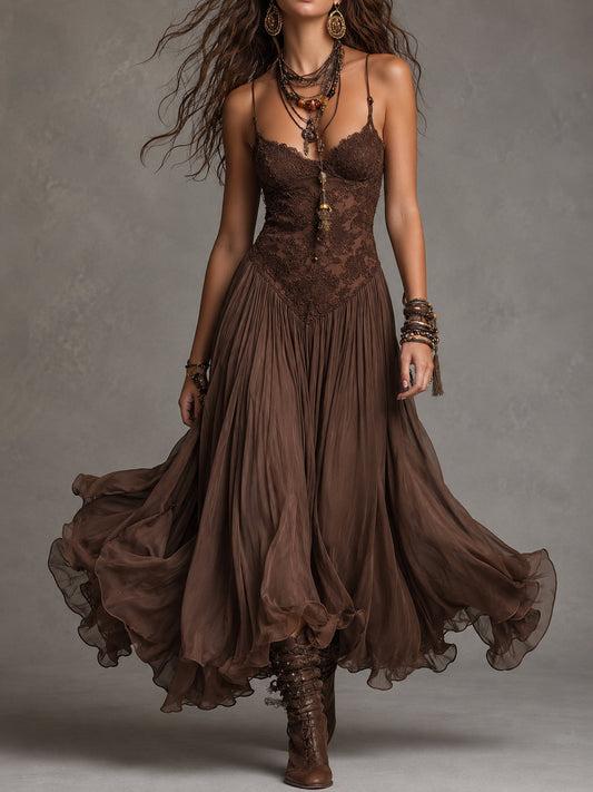 Vestido maxi de gasa marrón oscuro con paneles de encaje