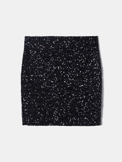 Top de punto de manga larga con lentejuelas negras y minifalda
