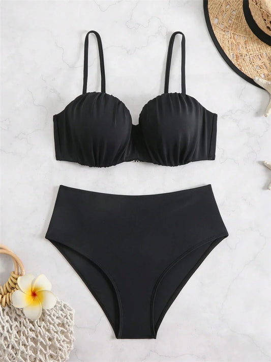 Bikini Negro Push-Up de Cintura Alta para Mujer | Con Aro, Copas Acolchadas y Diseño Fruncido