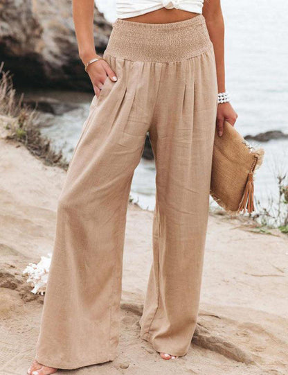 Pantalones de lino con pernera ancha y costura lateral con cintura fruncida