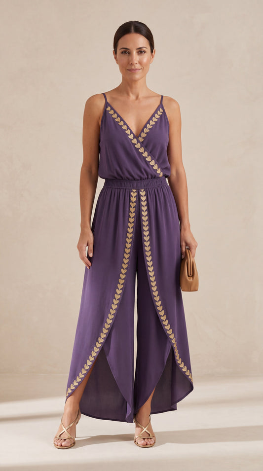 Donatila™ | Mono Elegante con Detalles Dorados y Pierna Abierta