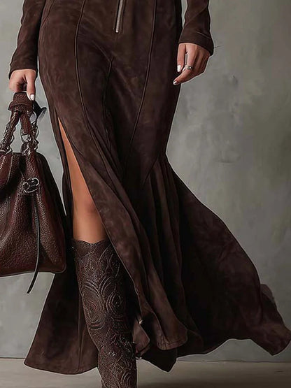 Vestido maxi vintage marrón con cinturón y cremallera