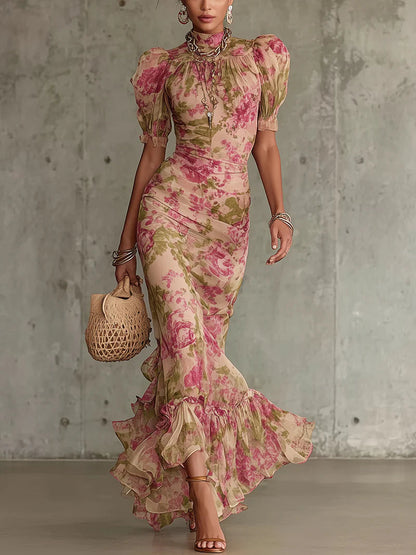 Vestido largo con estampado de rosa vintage y mangas abullonadas (accesorios no incluidos)