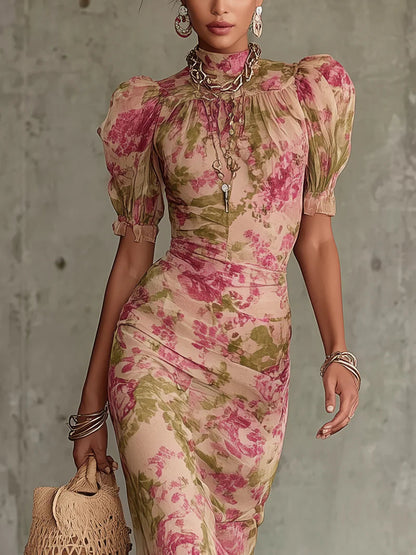 Vestido largo con estampado de rosa vintage y mangas abullonadas (accesorios no incluidos)