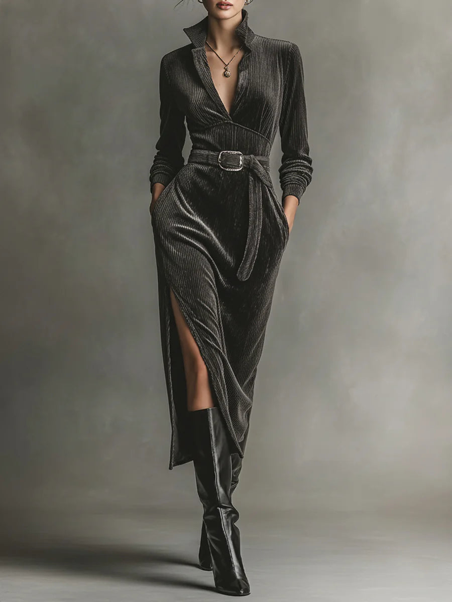 Vestido elegante de pana con cuello con lazo y aberturas laterales