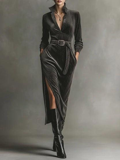 Vestido elegante de pana con cuello con lazo y aberturas laterales