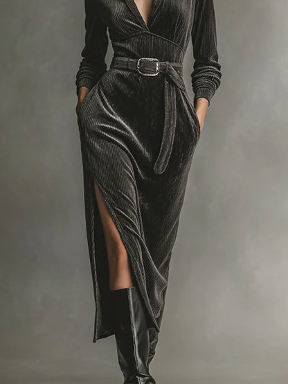 Vestido elegante de pana con cuello con lazo y aberturas laterales