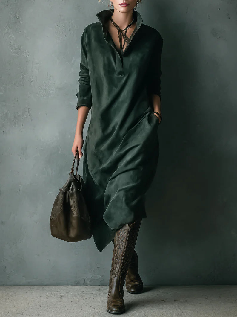 Vestido midi de ante suelto verde con solapa y mangas largas