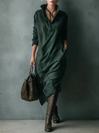 Vestido midi de ante suelto verde con solapa y mangas largas