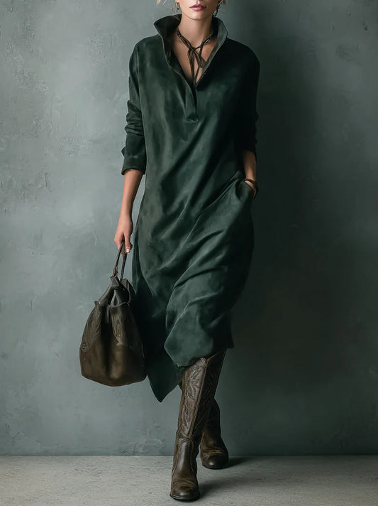 Vestido midi de ante suelto verde con solapa y mangas largas
