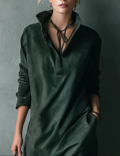 Vestido midi de ante suelto verde con solapa y mangas largas