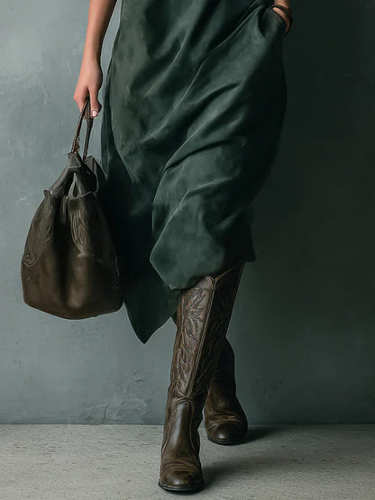 Vestido midi de ante suelto verde con solapa y mangas largas