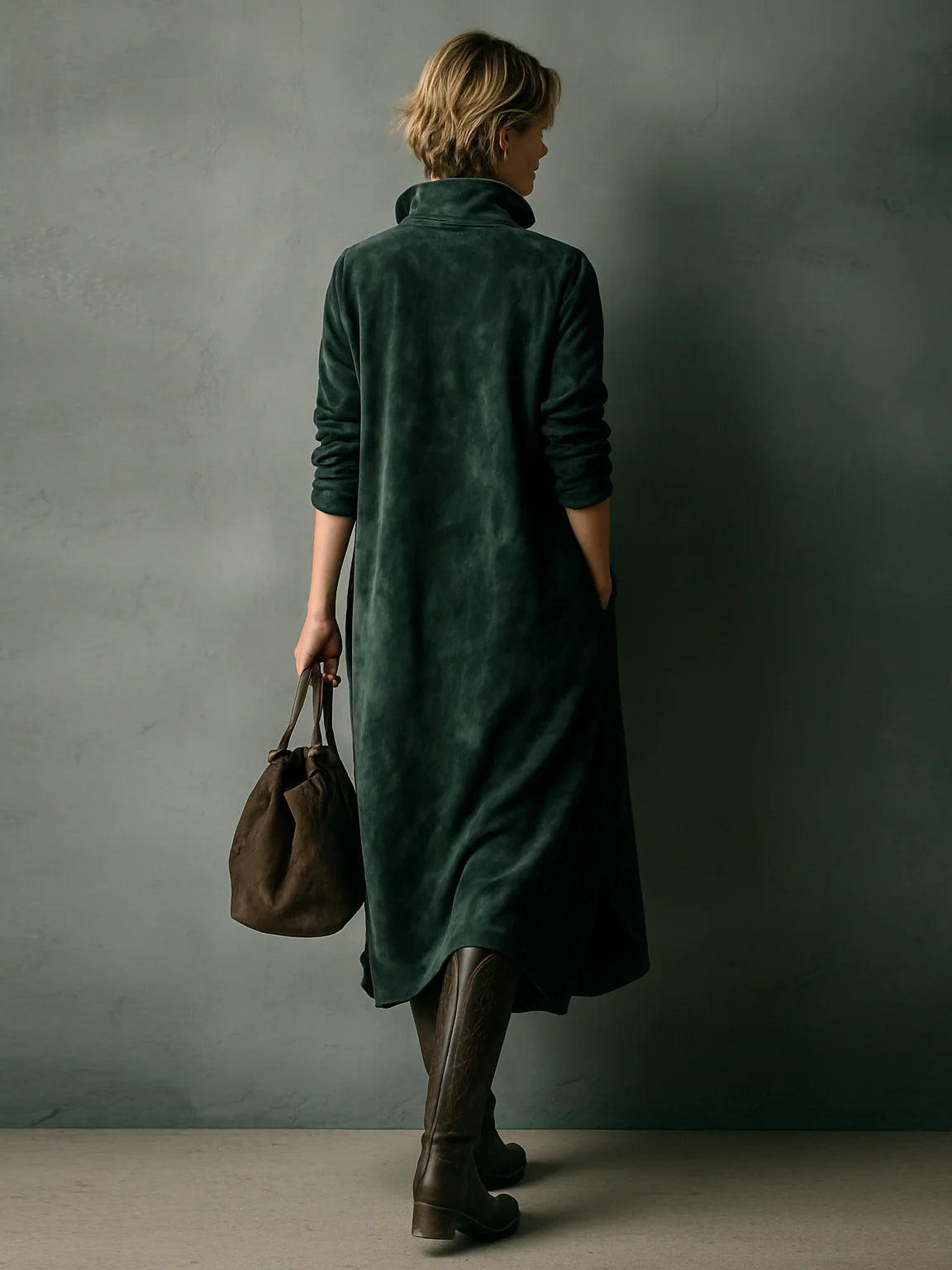 Vestido midi de ante suelto verde con solapa y mangas largas
