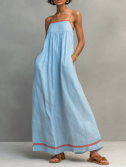 Vestido largo a rayas con ribete rojo