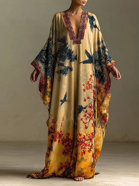 Vestido largo con mangas murciélago y estampado artístico de flor de arce rojo y pájaro