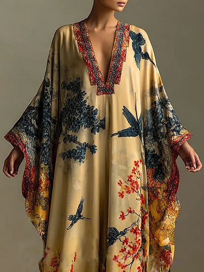 Vestido largo con mangas murciélago y estampado artístico de flor de arce rojo y pájaro