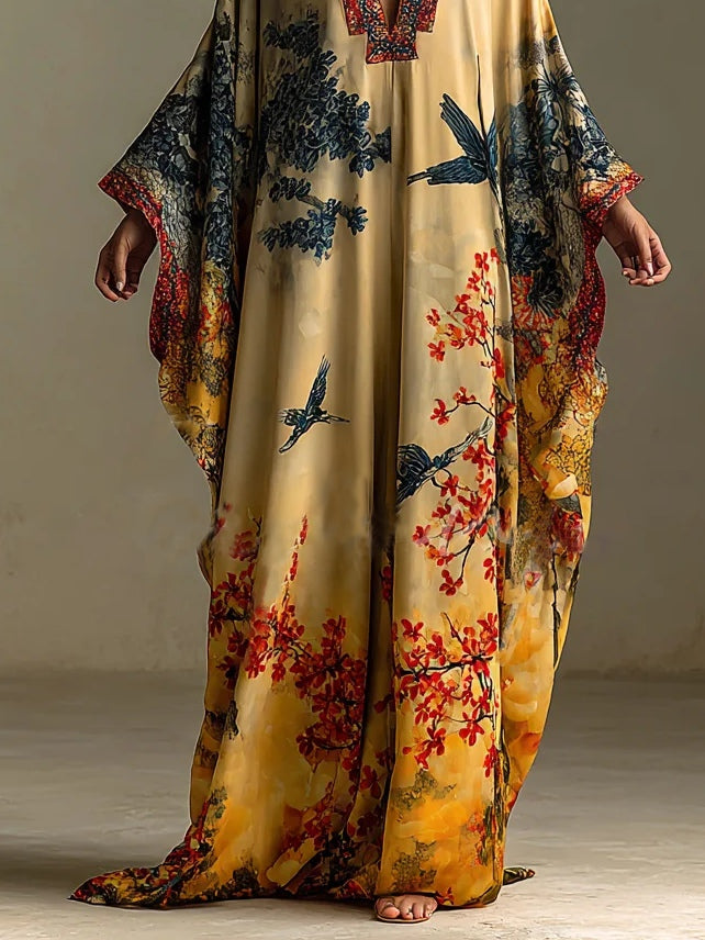 Vestido largo con mangas murciélago y estampado artístico de flor de arce rojo y pájaro