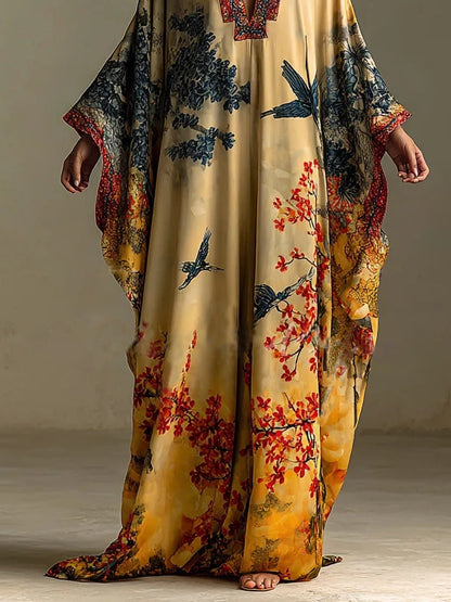 Vestido largo con mangas murciélago y estampado artístico de flor de arce rojo y pájaro