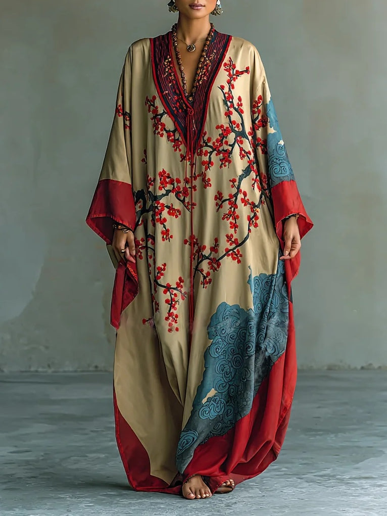 Vestido largo de manga murciélago con estampado de flor de ciruelo roja japonesa