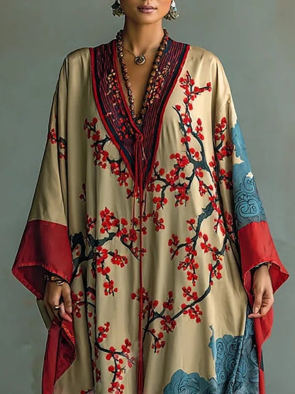 Vestido largo de manga murciélago con estampado de flor de ciruelo roja japonesa