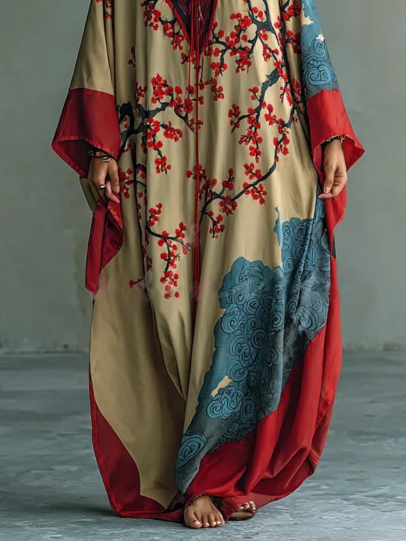 Vestido largo de manga murciélago con estampado de flor de ciruelo roja japonesa