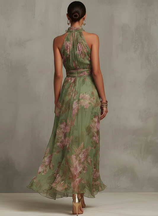 Vestido largo de gasa verde con estampado floral y cuello halter